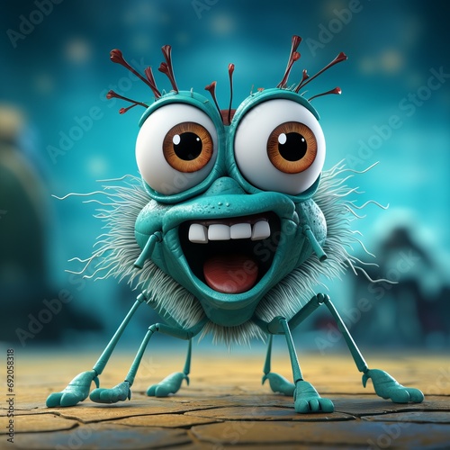 A cartoon mosquito with large expressive eyes and mouth stands on a minimalistic background. An annoying insect