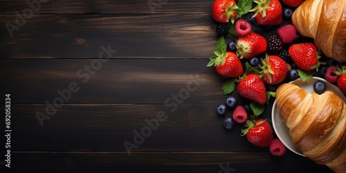 croissant and fruits on wooden background with space for text