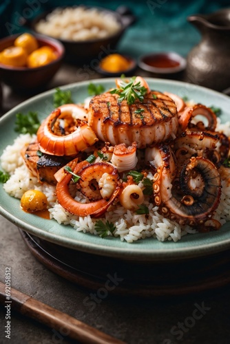 Elegant dish of seafood: grilled shrimp/octopus with rice.