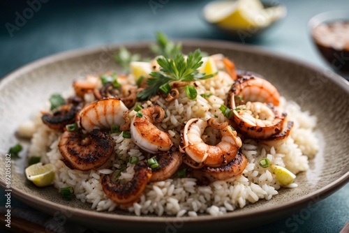 Elegant dish of seafood: grilled shrimp/octopus with rice.
