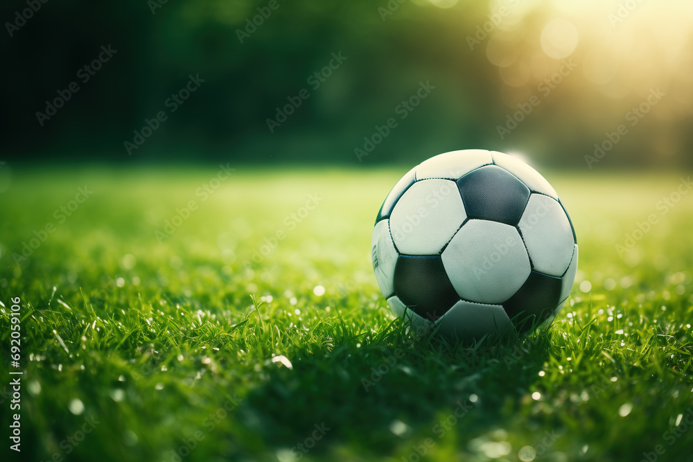A soccer ball on green grass with beautiful sunshine. Generative AI