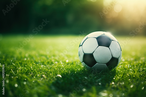 A soccer ball on green grass with beautiful sunshine. Generative AI © MilletStudio