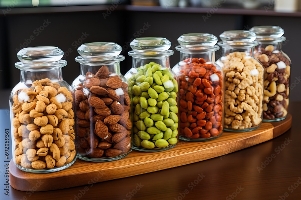 Nuts are packaged in glass containers for storage. Nuts are packaged in glass containers for storage.