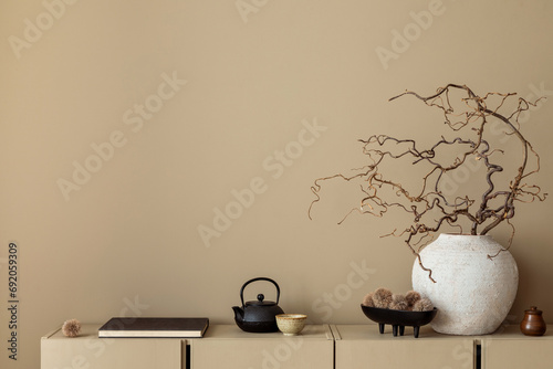 Minimalist composition of living room interior with copy space, simple beige sideboard, vase with branch, books, stylish black pitcher and personal accessories. Home decor. Template.