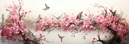 Landscape, trees with pink flowers and birds, on a white background, watercolor illustration, old paper, vintage. Banner. © Katerina Bond