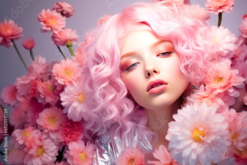 Fashion concept with copy space for text - woman with creative makeup in pink colors surrounded by flowers © Kseniya