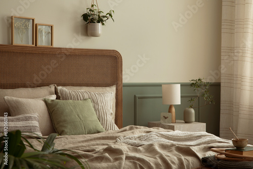 Interior design of bedroom interior with mock up poster frame, cozy bed, beige bedding, plants in flowerpots, stylish wooden bench, lamp and personal accessories. Home decor. Template. photo