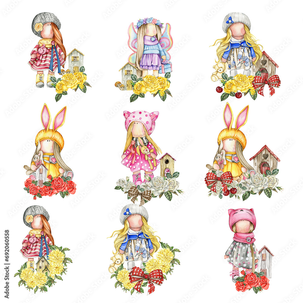 Fototapeta premium Composition of doll Tilda in dress and dahlia and roses flowers. Hand drawn watercolor illustration. Design for baby shower party, birthday, cake, holiday celebration design, greetings card, invitatio