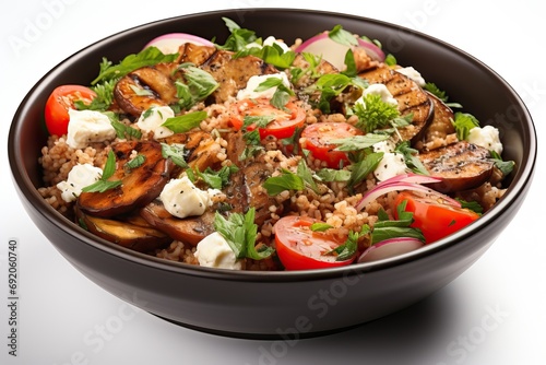 Buckwheat bowl with tomato, cheese and purple onion salad.