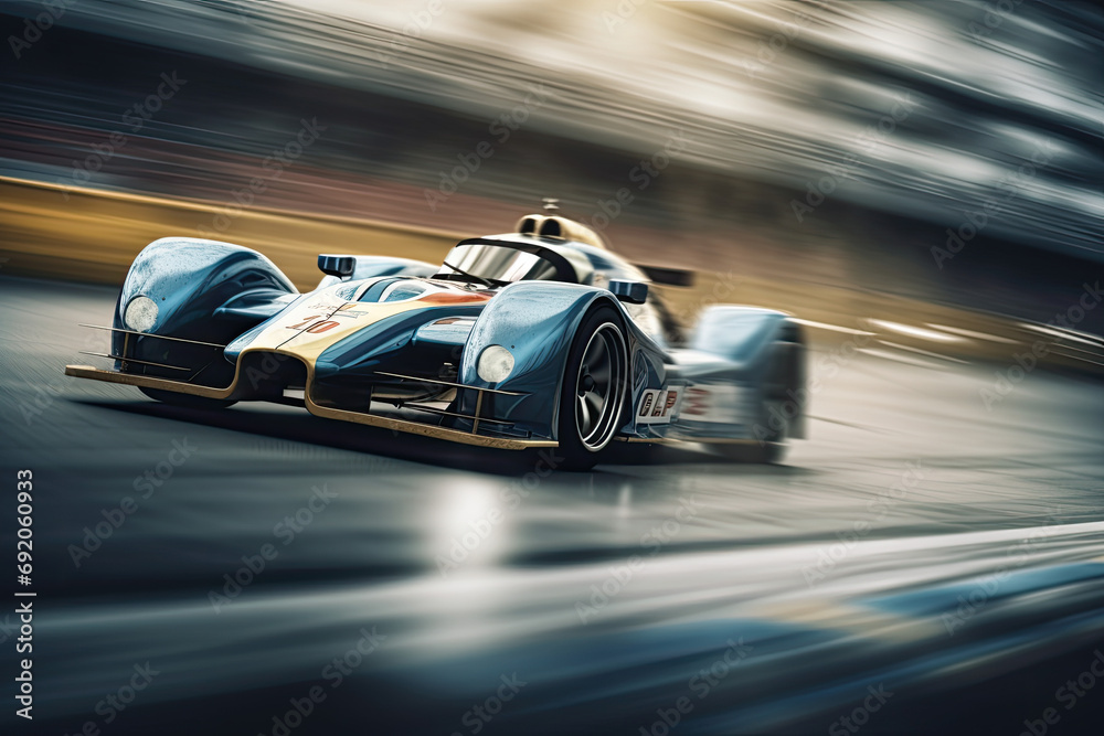 The photo shows a blue racing car racing on a track. The car has a long, narrow body and a pointed nose. It is equipped with a powerful engine and tires with great traction. 