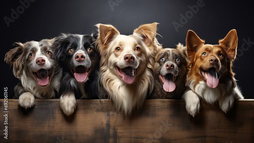 group of puppies, dogs against dark background in studio. 