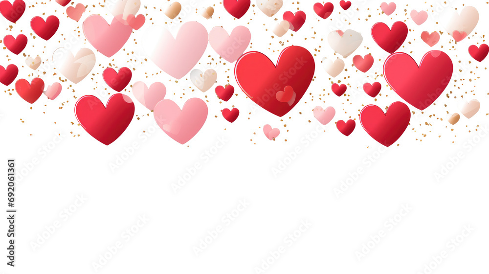Red, pink and white hearts with golden confetti isolated on transparent background Red, pink and white hearts with golden confetti isolated on transparent background