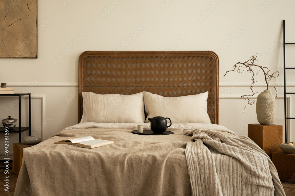 Creative composition of bedroom interior with cozy bed, beige bedding, plaid, trace with pitcher and cup, coffee table with branch, black ladder and personal accessories. Home decor. Template.