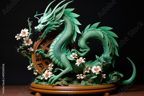 This photo shows a statue of a green dragon standing in the middle of a flower garden. Chinese New Year 2024.