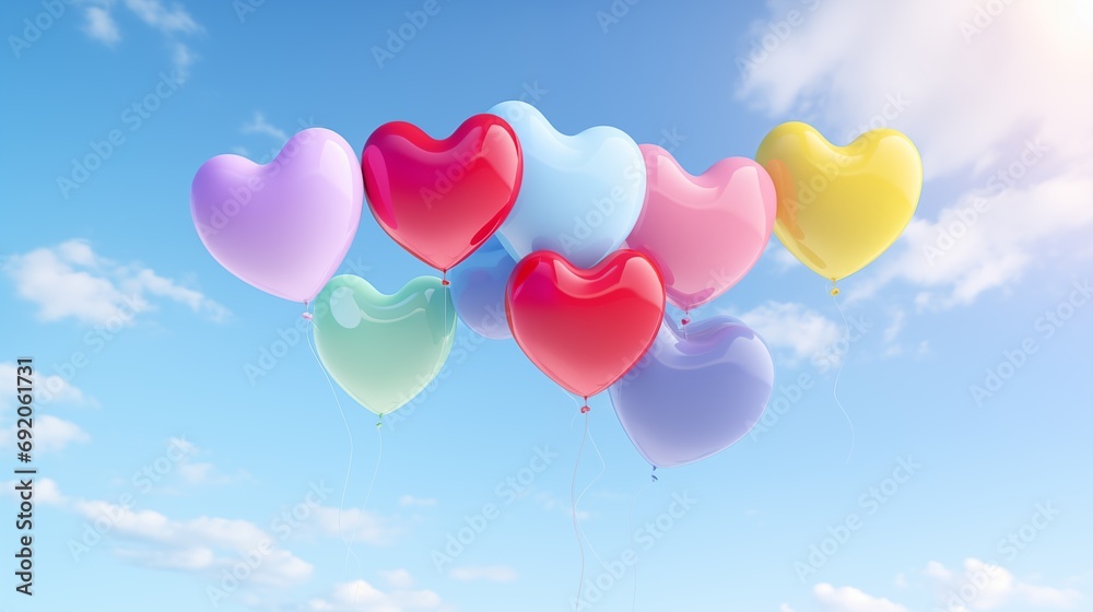 Colorful Heart-Shaped Air Balloons in the Sky with Clouds. Valentine's Day Background with Space for Text. Romantic Love-Themed Decorations