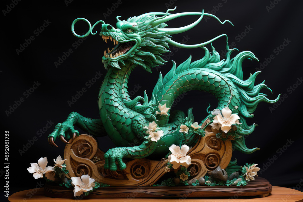 Obraz premium This photo shows a statue of a green dragon standing in the middle of a flower garden. Chinese New Year 2024.
