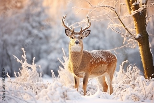 Shows a deer standing in a snowy forest. The deer is wearing white fur, which helps it camouflage itself in the snow.