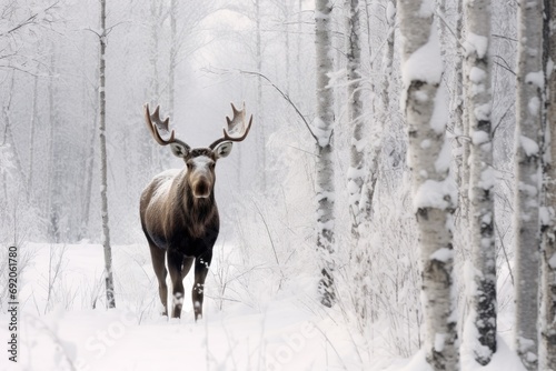 A large moose stands in a snowy forest. Its antlers are impressive, and its fur is thick and brown. It looks calm and confident. This photo is a beautiful representation of Canada's wildlife. © Dinezi