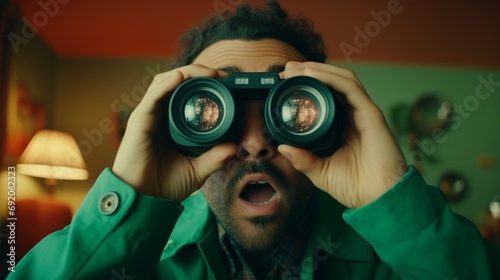 Surprised Expression Through Binoculars in Green Room