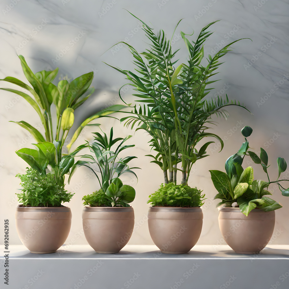 Fototapeta premium plants in pots at wall background realistic houseplants potted in flowerpots in row
