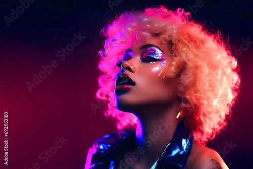 Fashion concept with copy space for text - black woman with creative neon pink and blue makeup for Christmas or valentines day