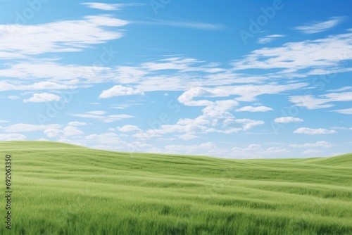Depicts a lush green meadow under a blue cloudy sky. The meadow is flat and uninterrupted, and the grass on it is thick and juicy. The sky is bright blue with white fluffy clouds.
