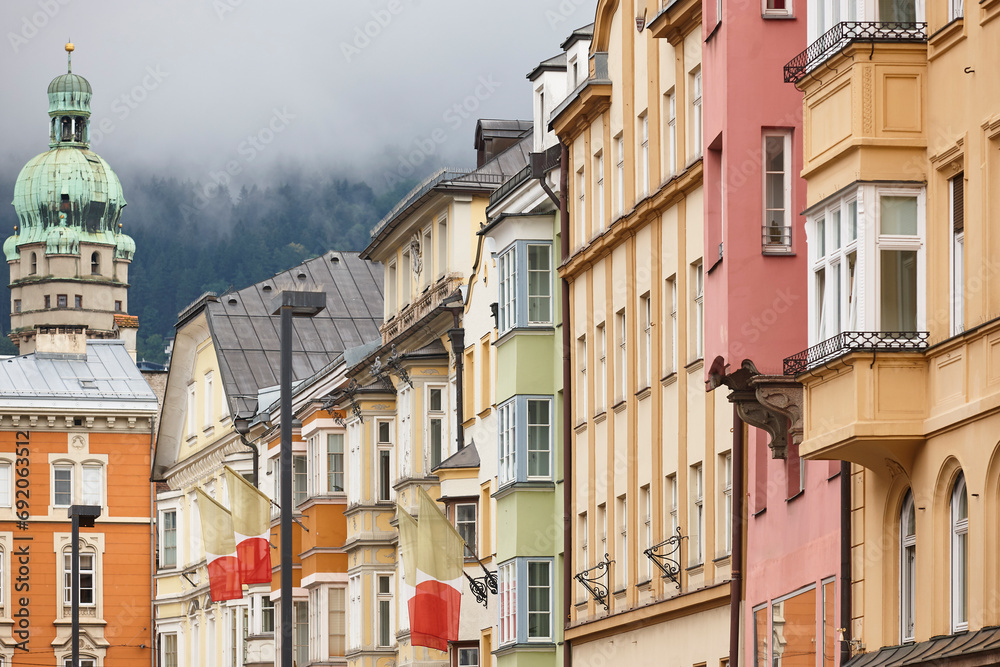 Picturesque colored buildings in Innsbruck city center. Altstadt. Austria
