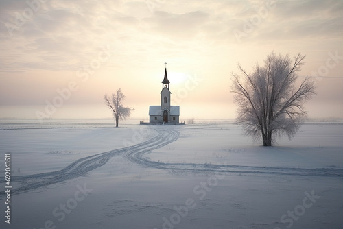 A snow-covered church stands on a hilltop, a symbol of purity and spirituality. The snow gives the church a sense of peace and tranquility, and the cross on the steeple points to the sky.
