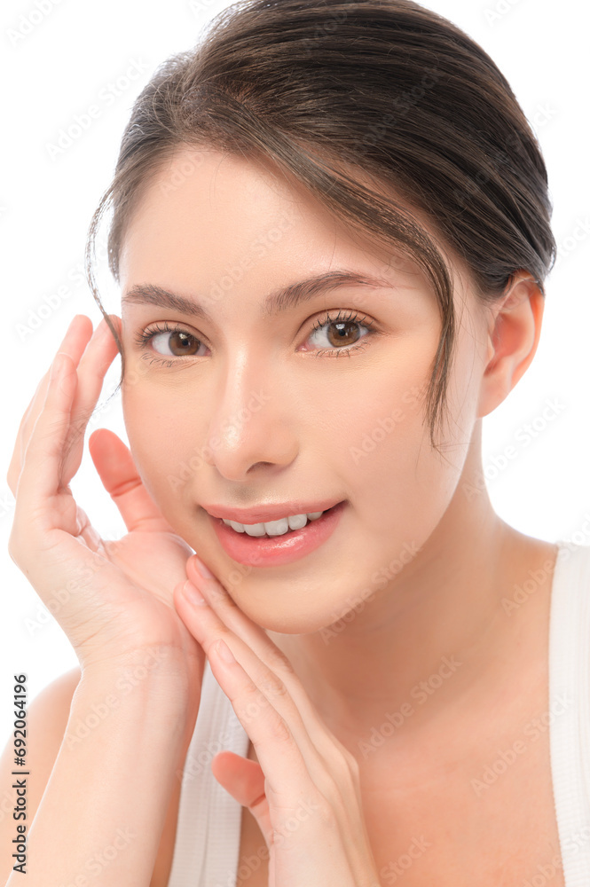 A portrait of young beautiful woman face with smooth healthy skin on white background , Skincare concept