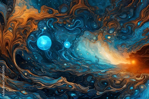 Close-up of liquid ambers and topaz in a hypnotic liquid swirl. photo