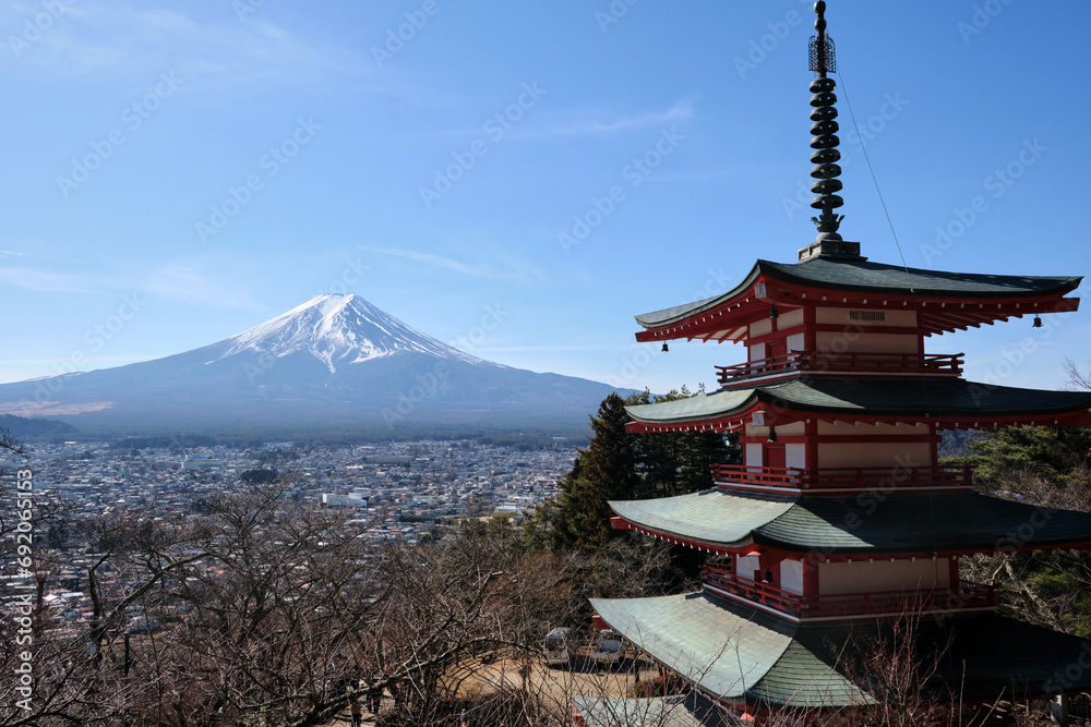 Mt Fuji in japan with the famous pagoda