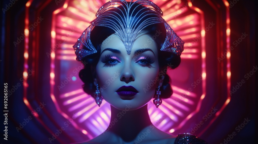 An artistic depiction of a woman's visage, illuminated with neon and art deco motifs, highlighting the elegance of studio lighting and makeup. An artistic depiction of a woman's visage, illuminated with neon and art deco motifs, highlighting the elegance of studio lighting and makeup.