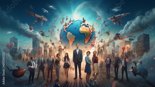 An artistic blend showcasing multinational business professionals, their collective image representing the essence of positive business success. © Ai Studio