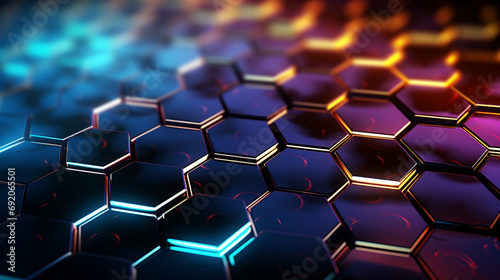 3D graphic feature a tessellation of hexagons in a futuristic honeycomb pattern, enhanced with advanced elements like neon lines or energy pulses. photo