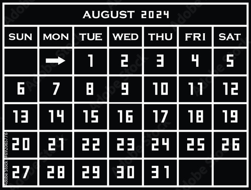 20124 august calendar template. Flat graphics of single page of wall Calendar concept isolated on black background. Week starts from tuesday. EPS 10.