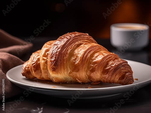 A typical French croissant  freshly baked with a cup of coffee in the background.