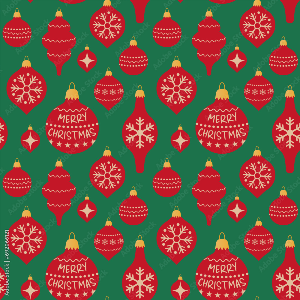 Seamless pattern red Christmas tree toys on green background. New year toy decoration pattern - stock vector