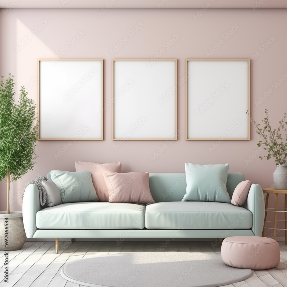 Mock up for posters or photo in bright scandinavian interior. Living room room during the day with bright pastel colors furniture. Sofa chairs and home plants. Empty frames on the wall. Mock up for posters or photo in bright scandinavian interior. Living room room during the day with bright pastel colors furniture. Sofa chairs and home plants. Empty frames on the wall.