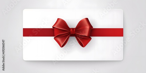 Blank white gift card with red ribbon bow isolated on grey background with shadow minimal conceptual © Jing