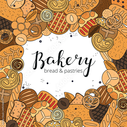 Square background with hand drawn bread, pastries.