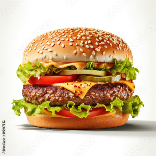 Burger perfection, Classic cheeseburger isolated on white background - temptingly delicious.