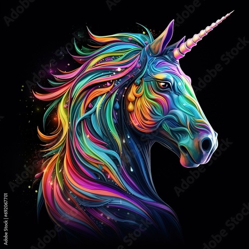 Unicorn in abstract  graphic highlighters lines rainbow ultra-bright neon artistic portrait  commercial  editorial advertisement  surreal surrealism