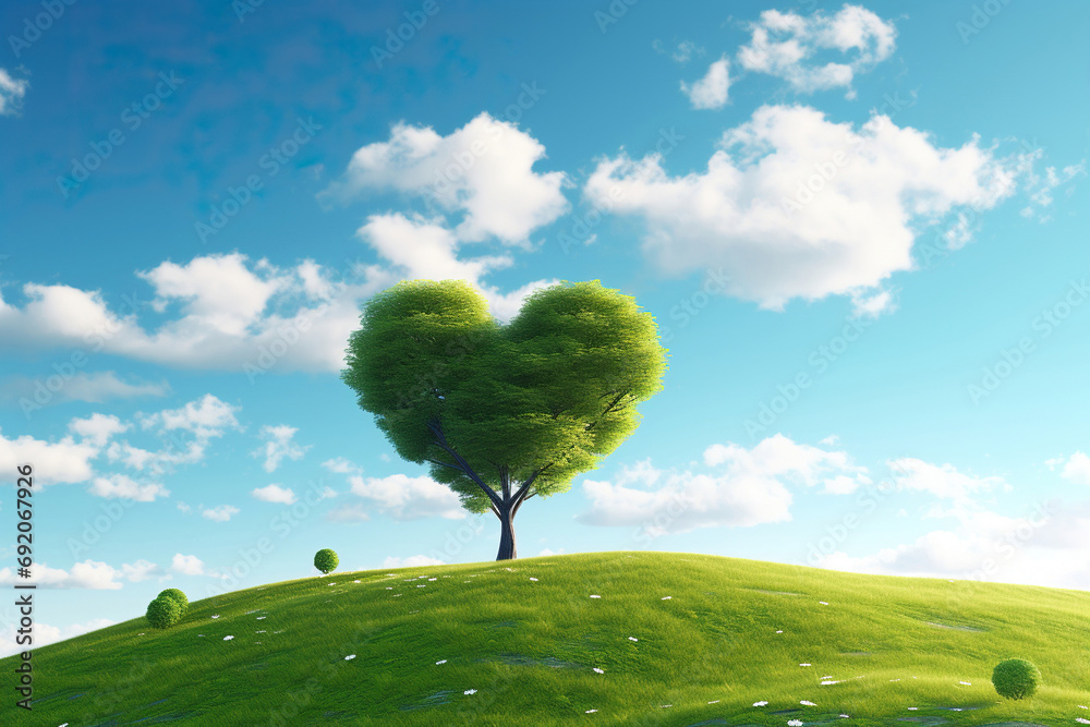 Heart Shaped Green Love Tree in Grass Field, Beautiful Day Countryside Scene. Landscape Background with Blue Sky and White Clouds Heart Shaped Green Love Tree in Grass Field, Beautiful Day Countryside Scene. Landscape Background with Blue Sky and White Clouds