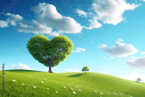 Heart Shaped Green Love Tree in Grass Field, Beautiful Day Countryside Scene. Landscape Background with Blue Sky and White Clouds