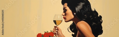 Vintage Rock Pin up Girl with Black curly hair and red lipstick wearing a dress, drinking a glass of champagne sexy alluring beautiful, classy digital illustration yellow background photo