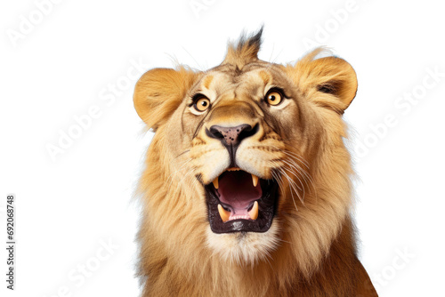 Studio portrait of funny and excited lion face showing shocked or surprised expression isolated on transparent png background.