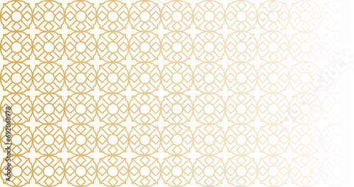 Backdrop with a stunning golden gradient and geometric Arabic style pattern. Horizontal banner for lavish design and luxurious themes.