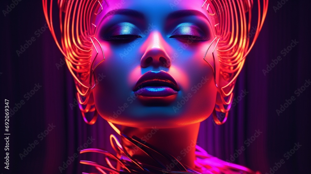 A female model's portrait, her face enveloped in neon radiance and art deco flair, symbolizing the convergence of cosmetics and vibrant lighting.