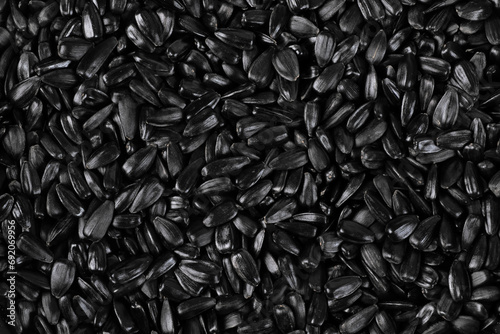 Top view of a lot of black roasted sunflower seeds. photo