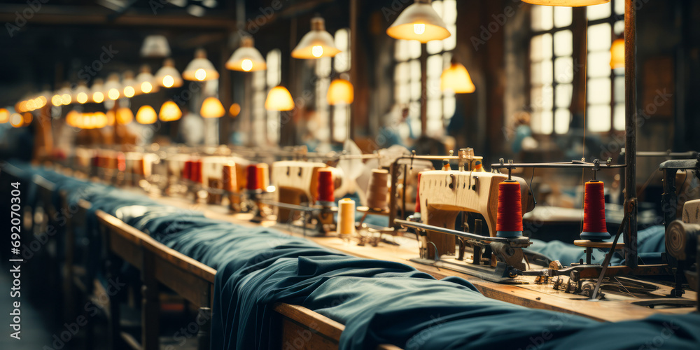 Vintage garment factory interior with rows of industrial sewing machines, colorful thread spools, and denim fabric under warm lighting - obrazy, fototapety, plakaty 